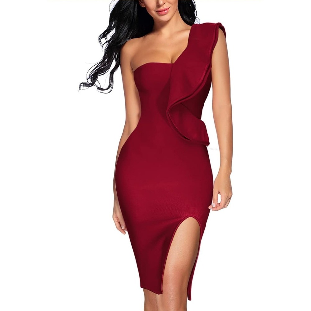 Women Ruffles One Shoulder Wedding Guest Dress Split Bodycon Sz Small Burgundy